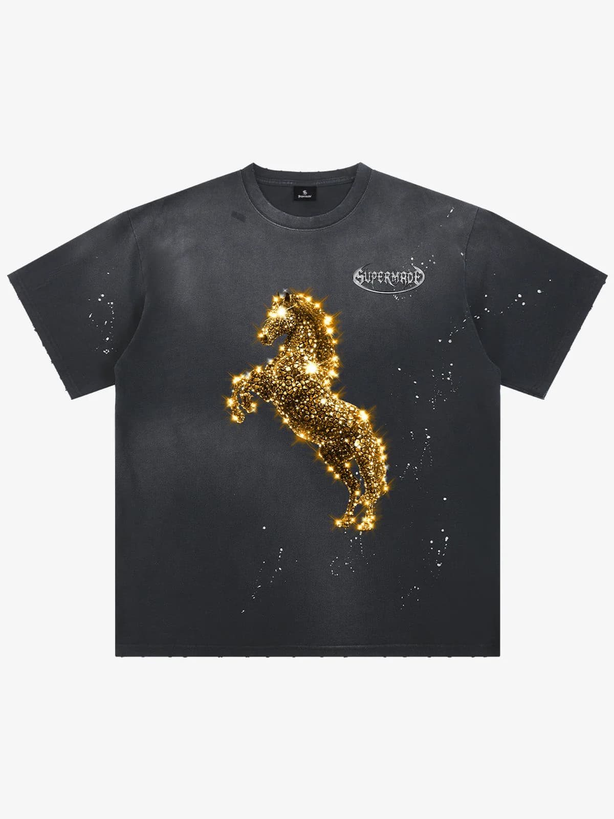 WINTAGE WASH GLITTER HORSE PATTERN T-SHIRT