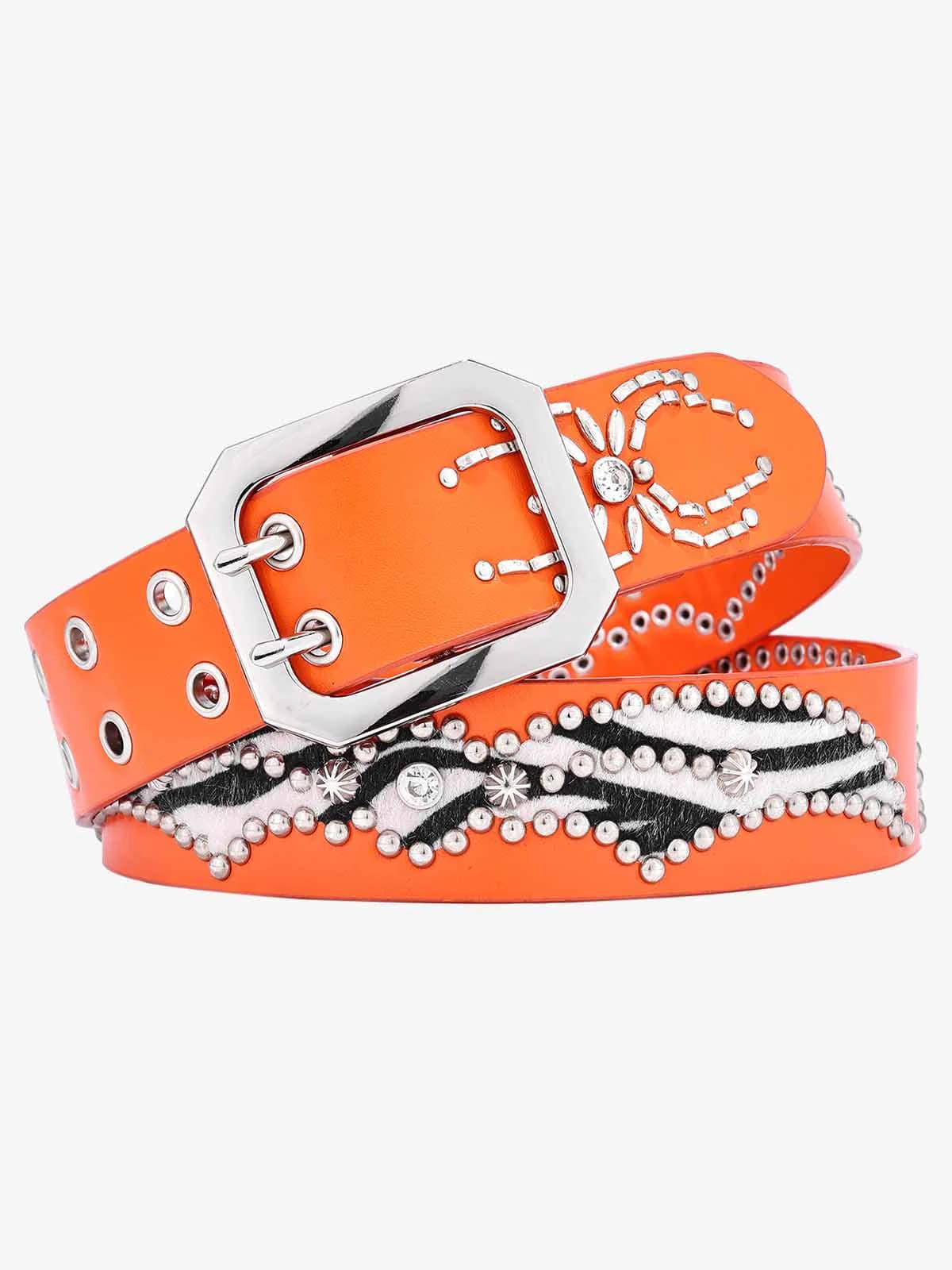 RETRO STUDDED ZEBRA PATTERN WIDE LEATHER BELT